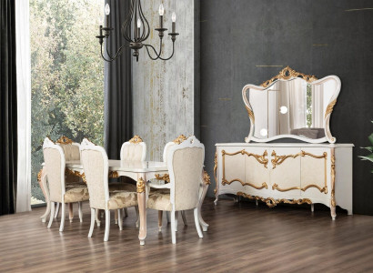 Complete Set Dining table + 6 Chairs Dining room Ess Group Wood Sideboard + Mirror 9 pieces